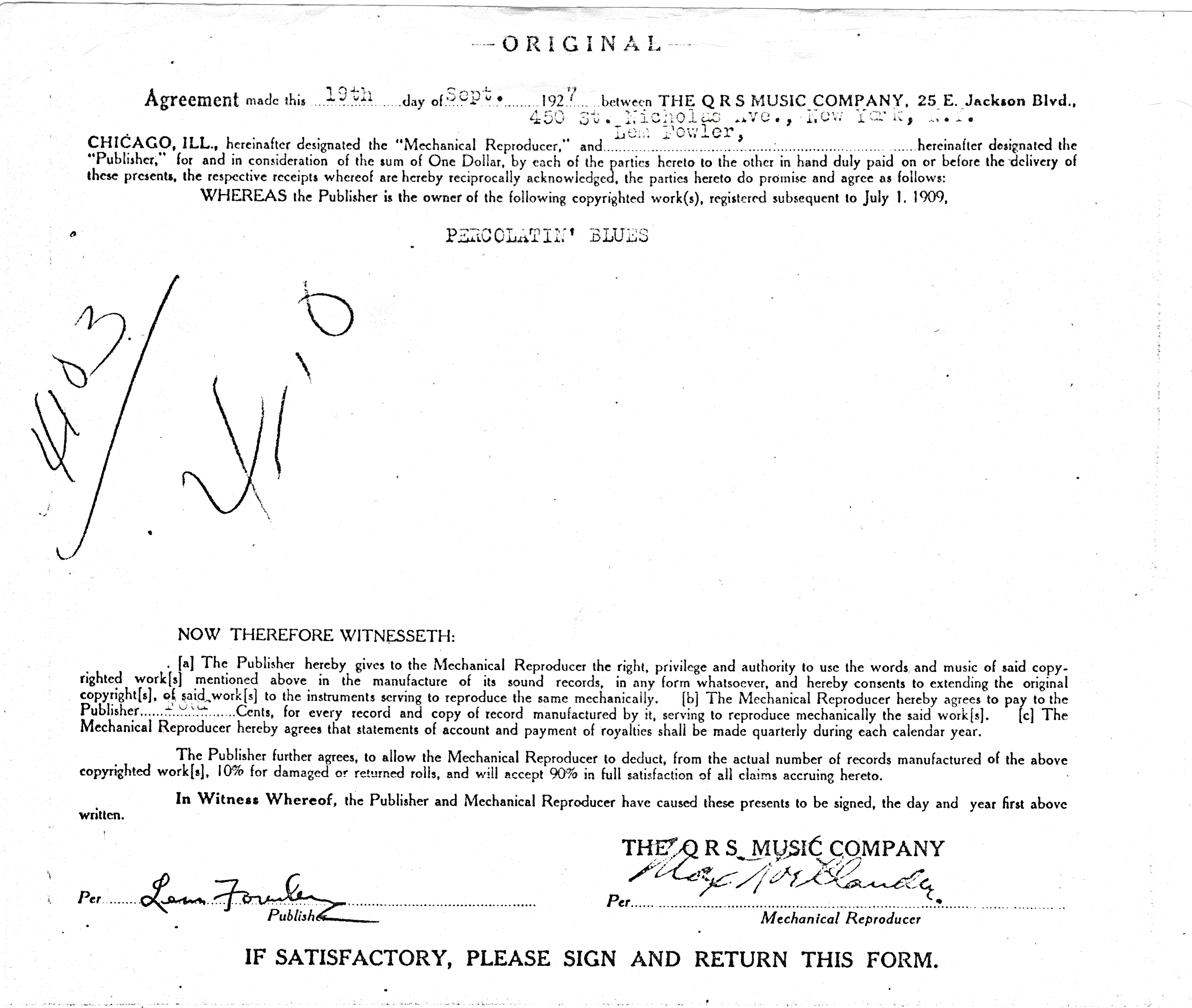 Contract between QRS and Fowler for mechanical rights to 'Percolatin' Blues', September 1927
